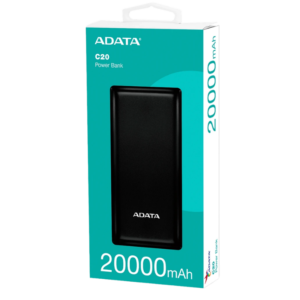 POWER BANK ADATA C20, Carga Rapida 20000mAh, 2 USB-A, 1 USB-C, Negro